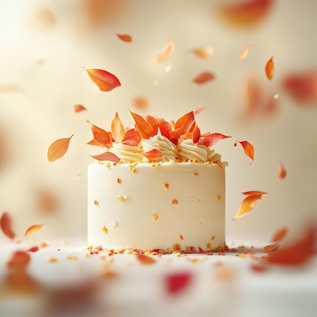 Photo white cake with orange and red leaves festive scene with warm lighting