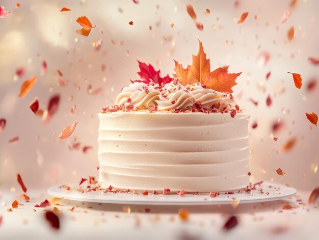 Photo white cake with orange and red leaves festive scene with warm lighting