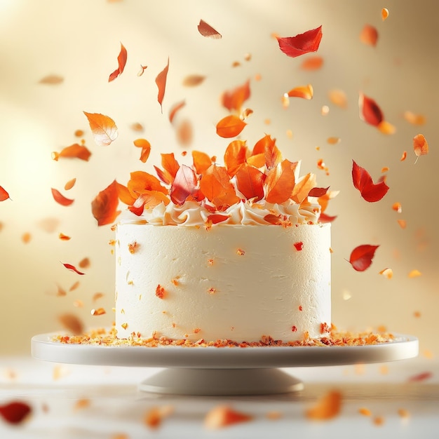 White Cake with Orange and Red Leaves Festive Scene with Warm Lighting