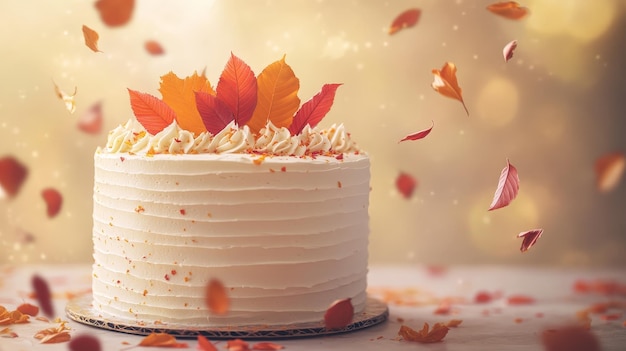 White Cake with Orange and Red Leaves Festive Scene with Warm Lighting