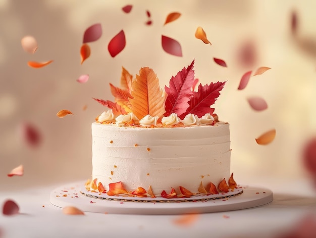 Photo white cake with orange and red leaves festive scene with warm lighting