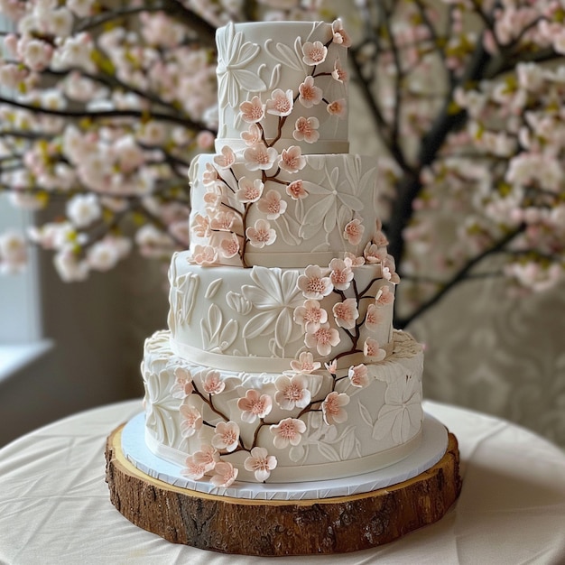 Photo a white cake with pink flowers on a white table