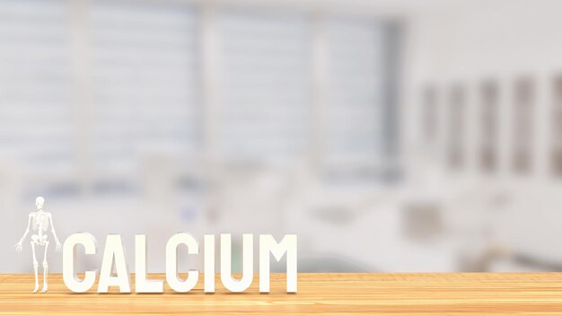 The white calcium text and Skeleton on wood table 3d rendering