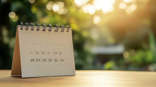 A white calendar with dates 1 15 17 11 15 16 28 23 22 29 22 20 is placed on a wooden surface The background is blurred greenery with sun shining through