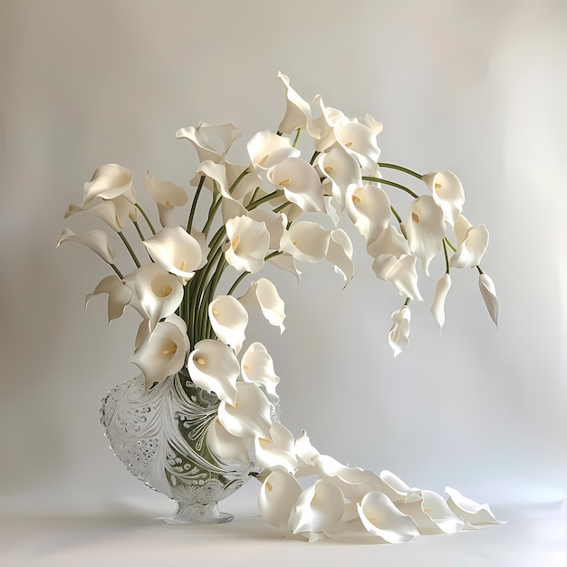 White calla lilies in a vase on a white background