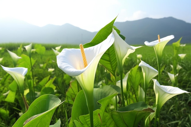 White Calla lily flower on the meadow with mountain background