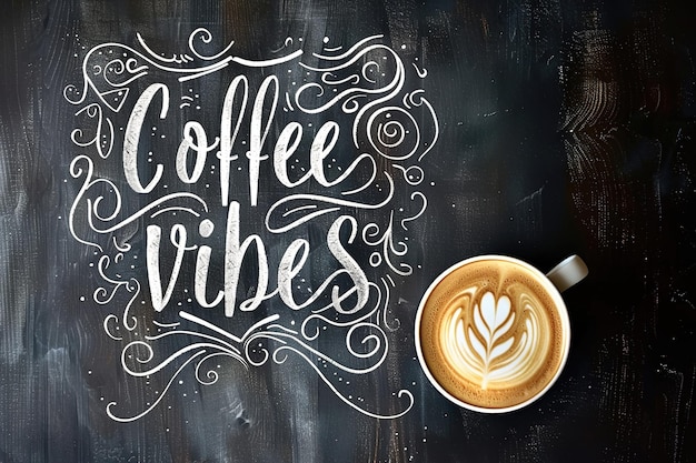 Photo white calligraphy coffee vibes with latte art on dark wood