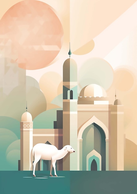 A white camel stands in front of a mosque in a colorful background to celebrate ied al adha