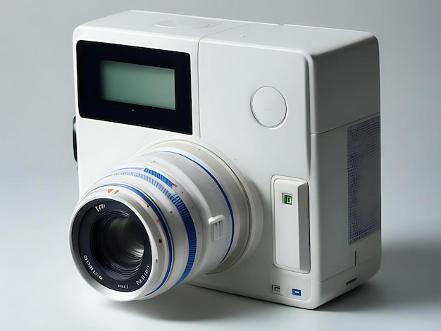 A white camera with blue stripes and a blue stripe that says nikon.