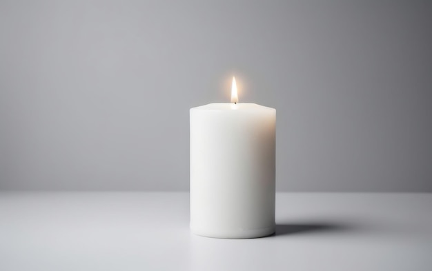 A white candle is lit up on a table.