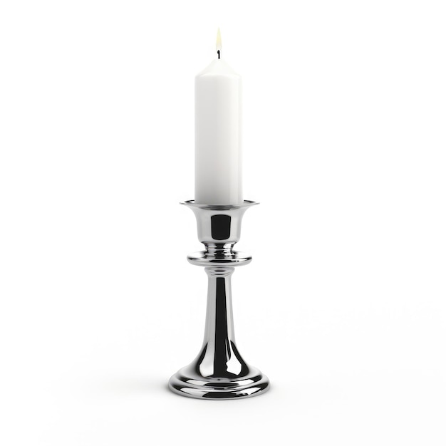 White candle in a silver candlestick isolated on white background