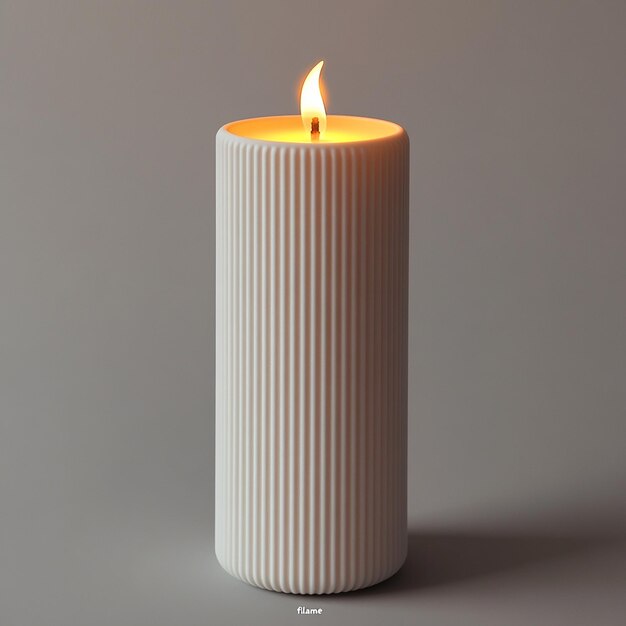 a white candle that is lit up with a light on it