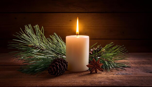 a white candle that is lit on a wooden table