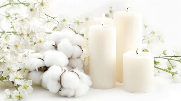 Photo white candles and flowers