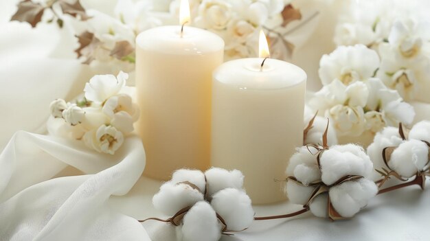 Photo white candles and flowers