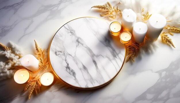 Photo white candles and golden branches on marble surface