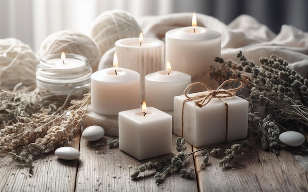 Photo white candles on a wooden background decorating the house with candles and white flowers