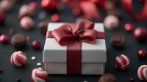 Photo a white candy box tied with a red ribbon bow sits on a dark surface with scattered candies