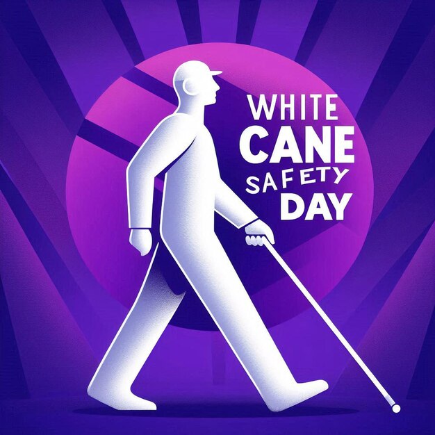 Photo white cane safety day poster stylized figure with white cane vibrant purple background promoting awareness and safety