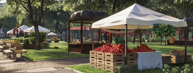 a white canopy tent with crates of fresh strawberries surrounded by other booths showcasing a variety of products and produce against a backdrop of lush grass and trees