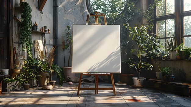 A white canvas is propped up on a wooden easel in a room with lots of plants The room has a rustic artistic feel to it with a mix of old and new elements The plants are arranged in various pots