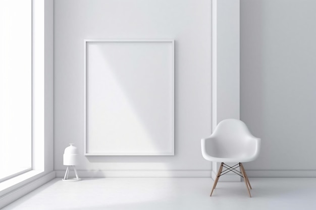 A white canvas is on a white wall in a room with a white chair and a lamp.