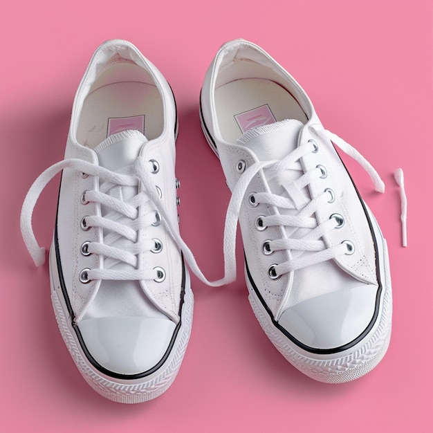 White canvas shoes on a pink background