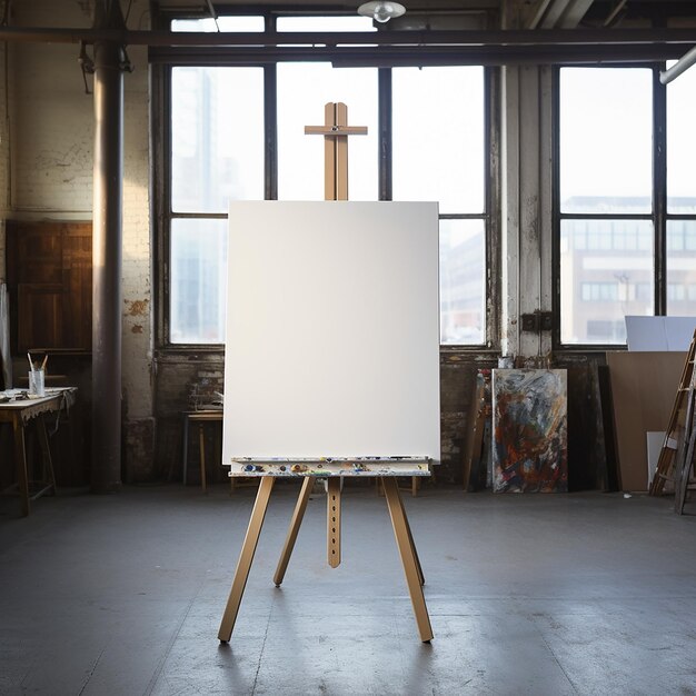 Photo a white canvas on a wooden easel in a room