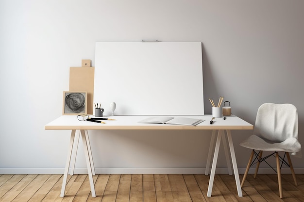 A white canvas on a wooden table in a room with a fan on the wall.