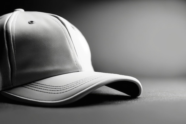 A white cap with a black logo on it is laying on a table.