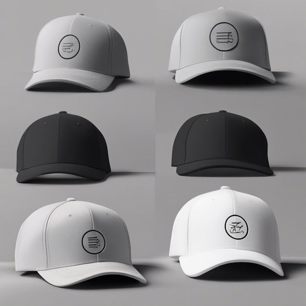 a white cap with a black logo on it