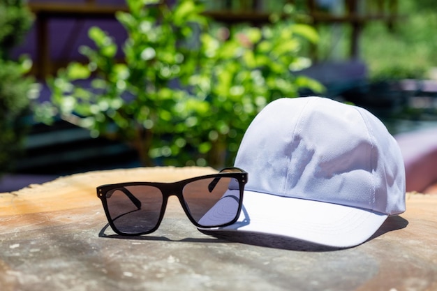 White cap with sunglasses on the table