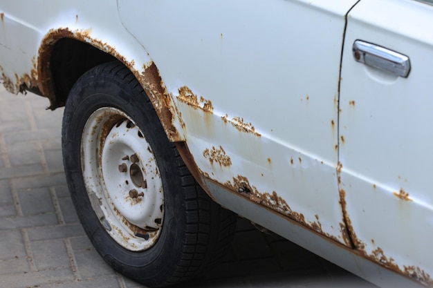 White car body with heavy rust and decay suitable for themes of neglect vintage cars wear and tear