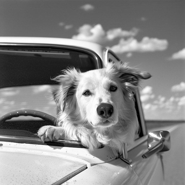 Photo white car and dog soft light