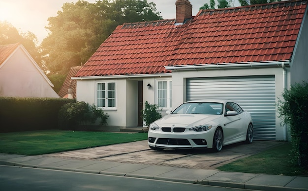 White Car in Driveway of Charming Home with Silver Garage and Red Roof Tiles