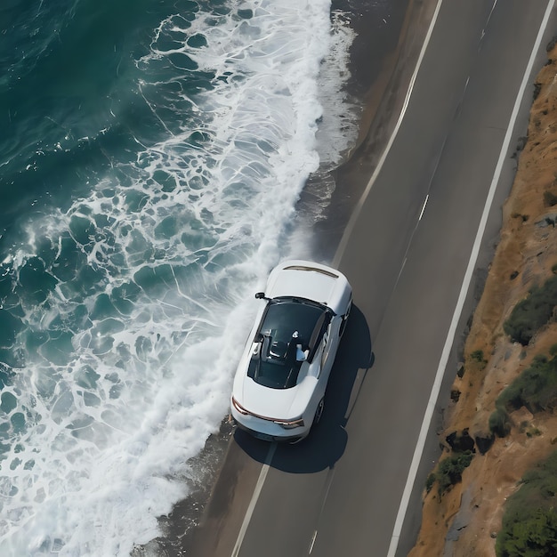 Photo a white car driving on a road next to the ocean