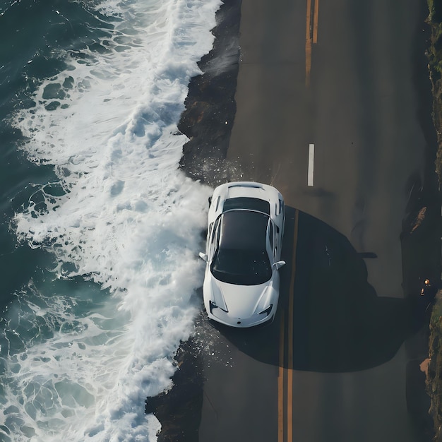 Photo a white car driving on a road next to the ocean