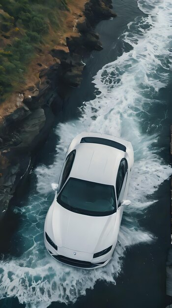 Photo a white car driving through a body of water near a cliff