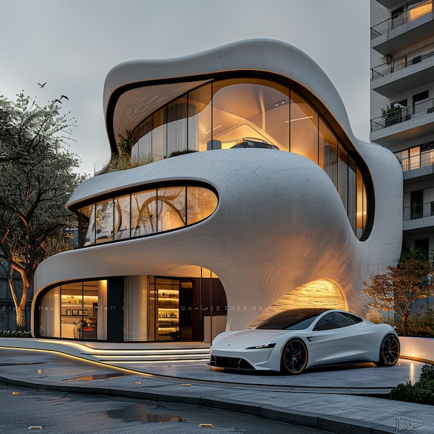 a white car is parked in front of a building with a silver car parked in front of it