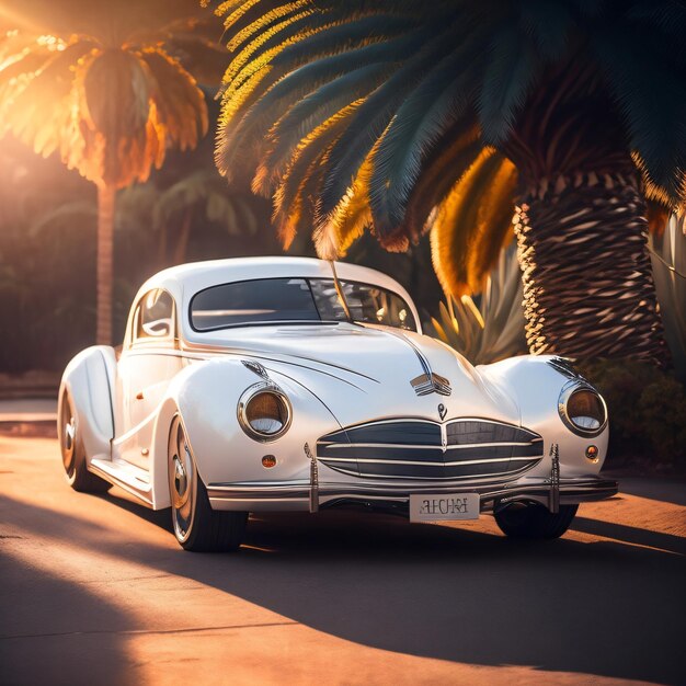 A white car is parked in front of palm trees on the road