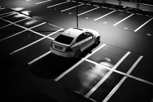 A white car is parked in a parking lot at night time with lights on the side of the road tone