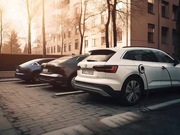 A white car is parked in a parking lot