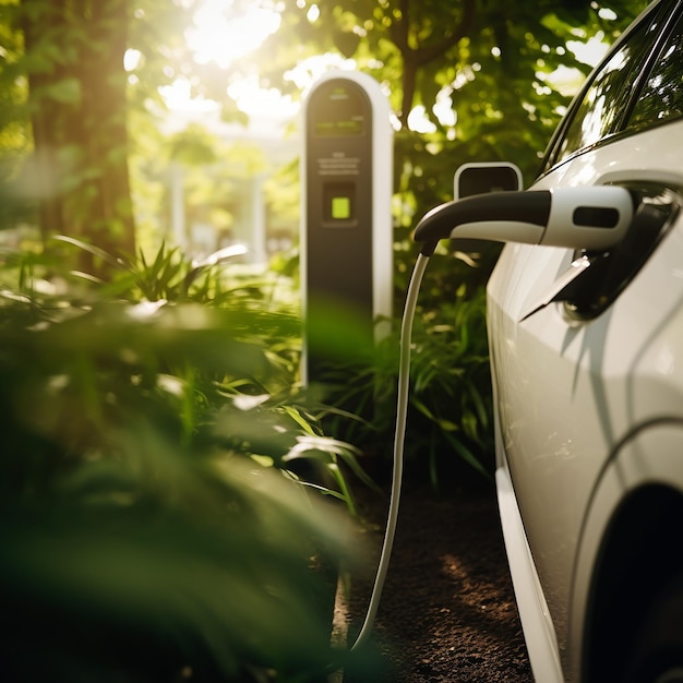 Photo a white car is parked in the shade with the battery plugged in