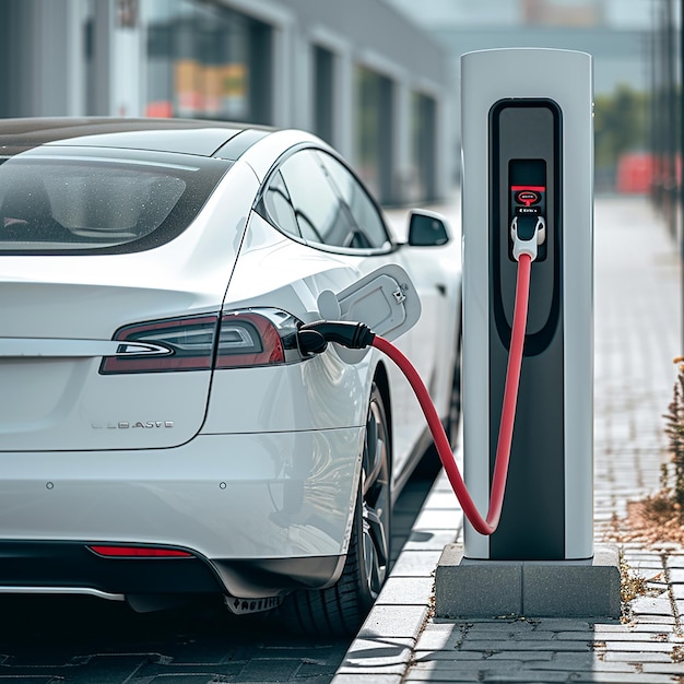 a white car is plugged into an electric outlet