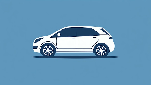 A white car is shown in a side view against a blue background