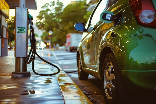 White car parked for refueling at a gas station next to pumps