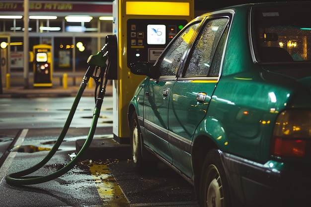 White car parked for refueling at a gas station next to pumps