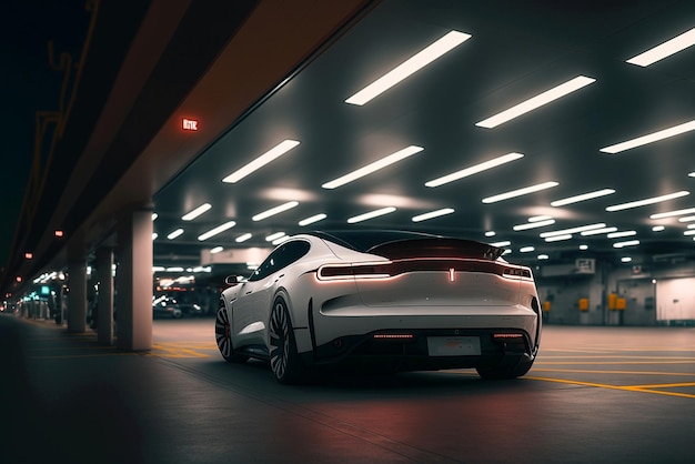 A white car in a parking garage at night with the word tesla on the back.