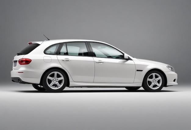 a white car with the door open is parked in front of a gray background