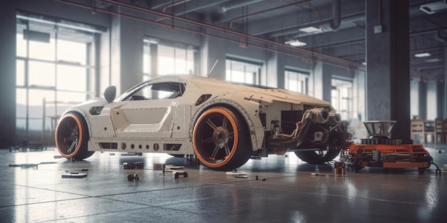 A white car with orange rims and a red rim sits in a garage.